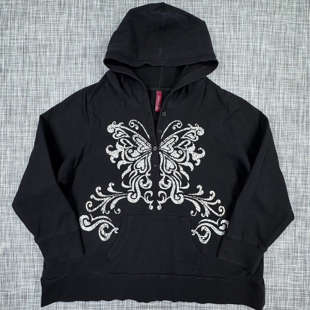 Gitano Women's Plus Size 26/28W Butterfly Graphic Henley Hoodie Black Y2K